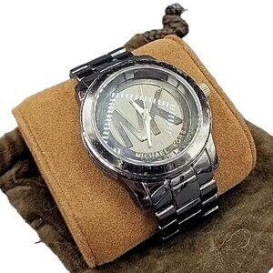 Michael Kors MK-1126 Hematite-Black Logo-Faced Stn.Steel 100m(10ATM) VTG Pre-own
